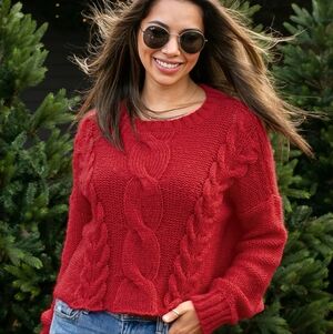 Wooden Ships ASPEN CROPPED CABLE CREW CHUNKY Sweater XS/S dark red apres ski